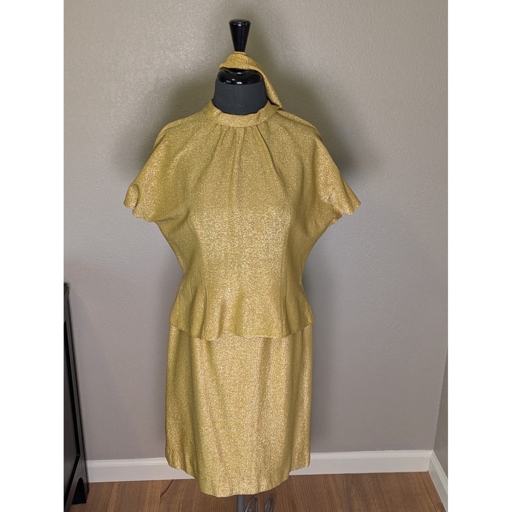 Vintage Koret of California Gold Metallic 3 Piece Skirt Set Top Scarf Women's